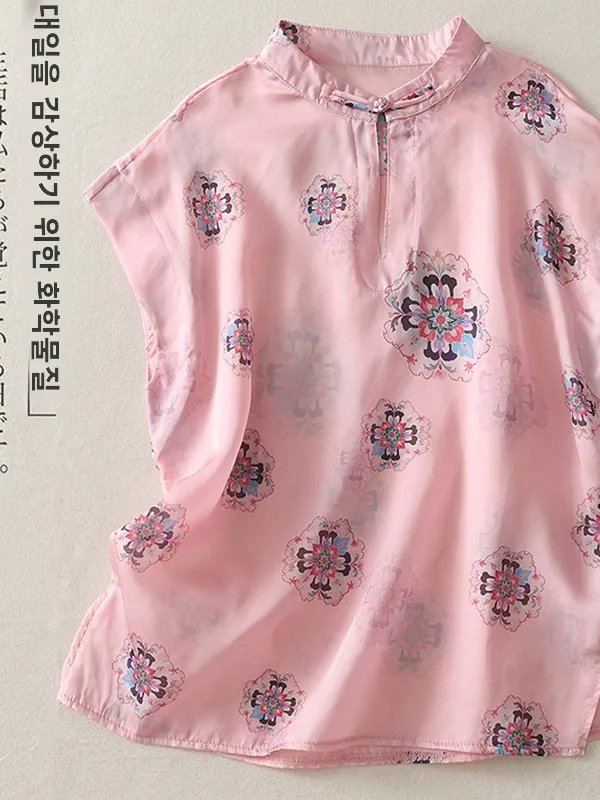 

New Chinese Sle Women's ort Sve irt V-Ne Button Artistic Slimming Top Summer 2025 Floral Print Loose Fit