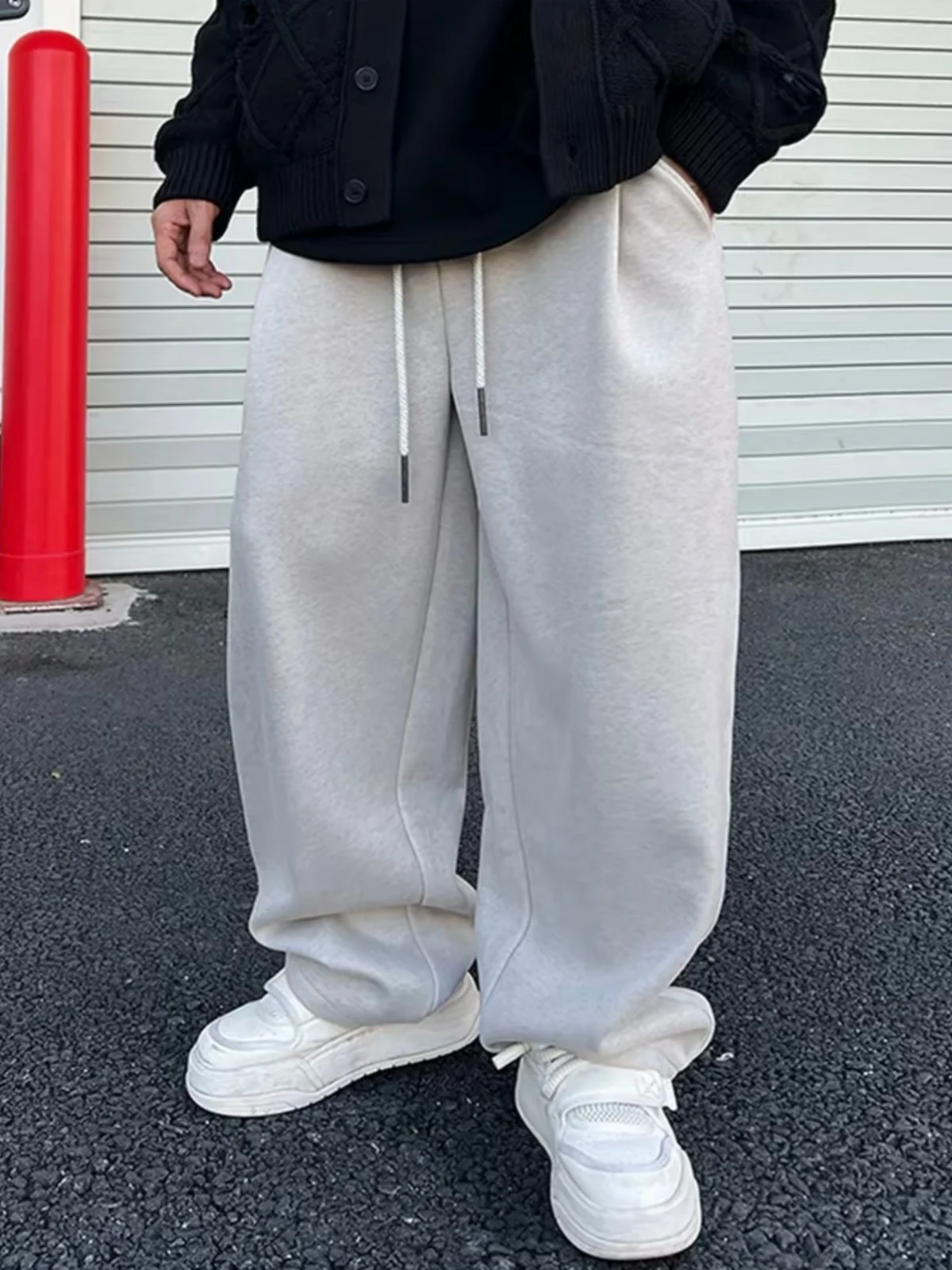 

Мужские зимние утепленные широкие прямые повседневные брюки из флиса, простые в сочетании, теплые спортивные штаны свободного кроя с высокой талией