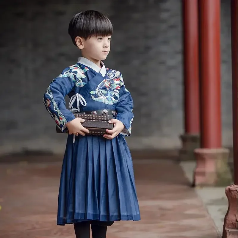 Herfst Chinese Stijl Draak Geborduurde Lange Mouwen Hanfu Jurk Jongens Vintage Student Performance Kostuums Kinderen Vestidos