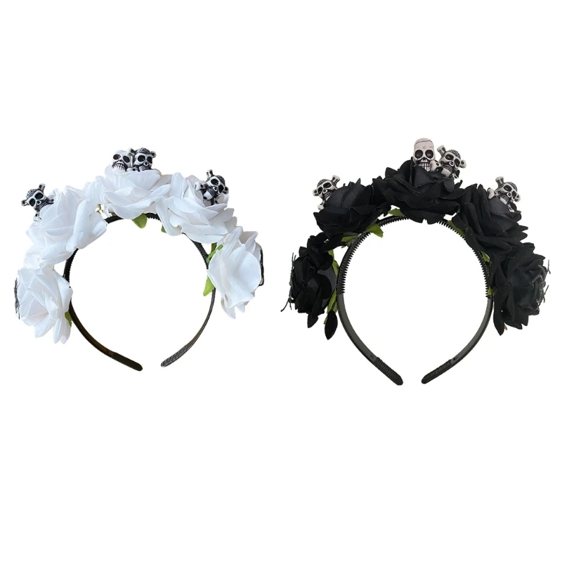 MXMB Punk Flower Headband for Women Teens Thin Hair Hoops with Mini Skull Decor Hairband Halloween Hair Accessories