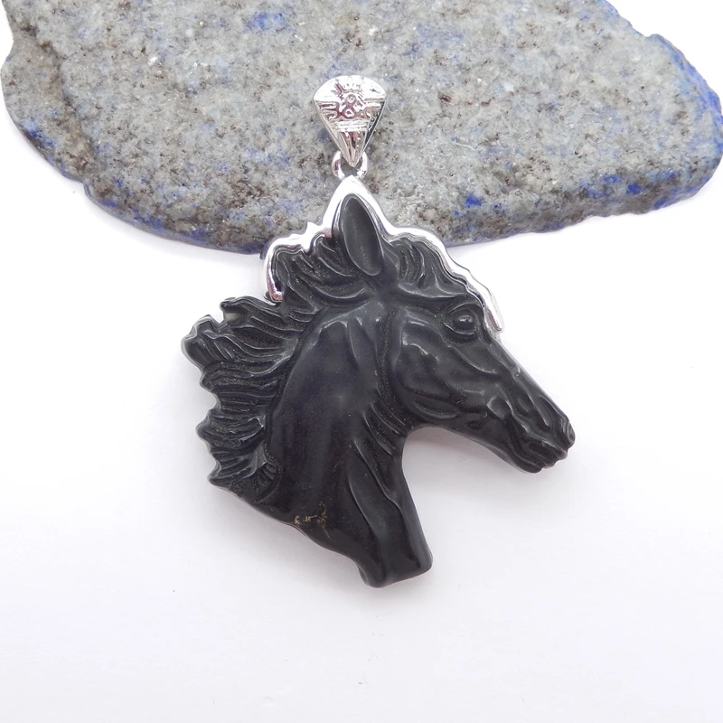 

Obsidian Carved Horse Head Pendant Natural Stone Bead Brass Platinum Plated Fashion Necklace Accessory 47x49x8mm 24g