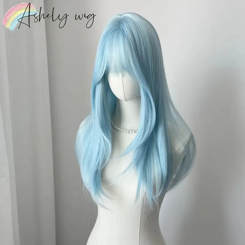 Peluca de pelo liso medio de 22 pulgadas con flequillo, diadema de aspecto natural Lolita, peluca de fibras sintéticas resistentes al calor