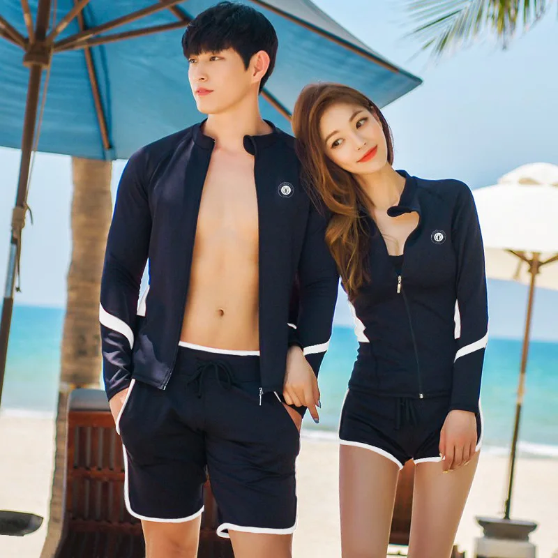 2024 New Couple Long Sleeve Multi Piece Swimsuit Rash Guard Sun Block Beachwear Bathing Suit Couple Swimming Suit Shorts Black