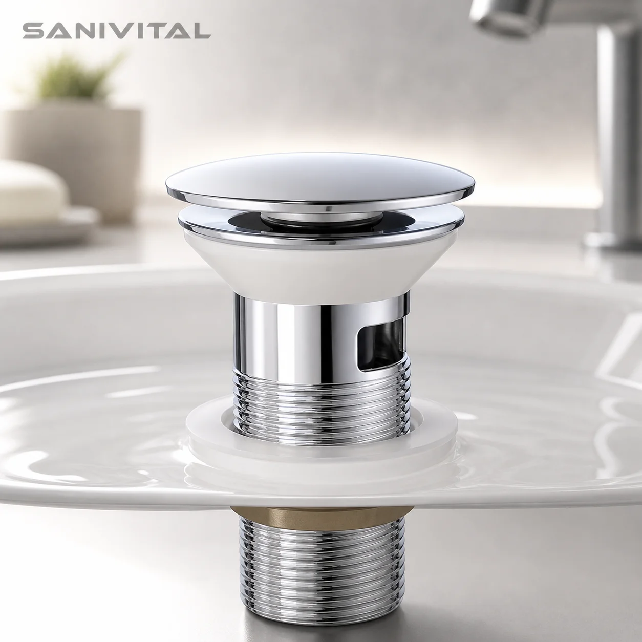 SANIVITAL Pop-Up Bathroom Sink Drain Stopper with Overflow Stainless Steel Press Type Basin Drain Plug