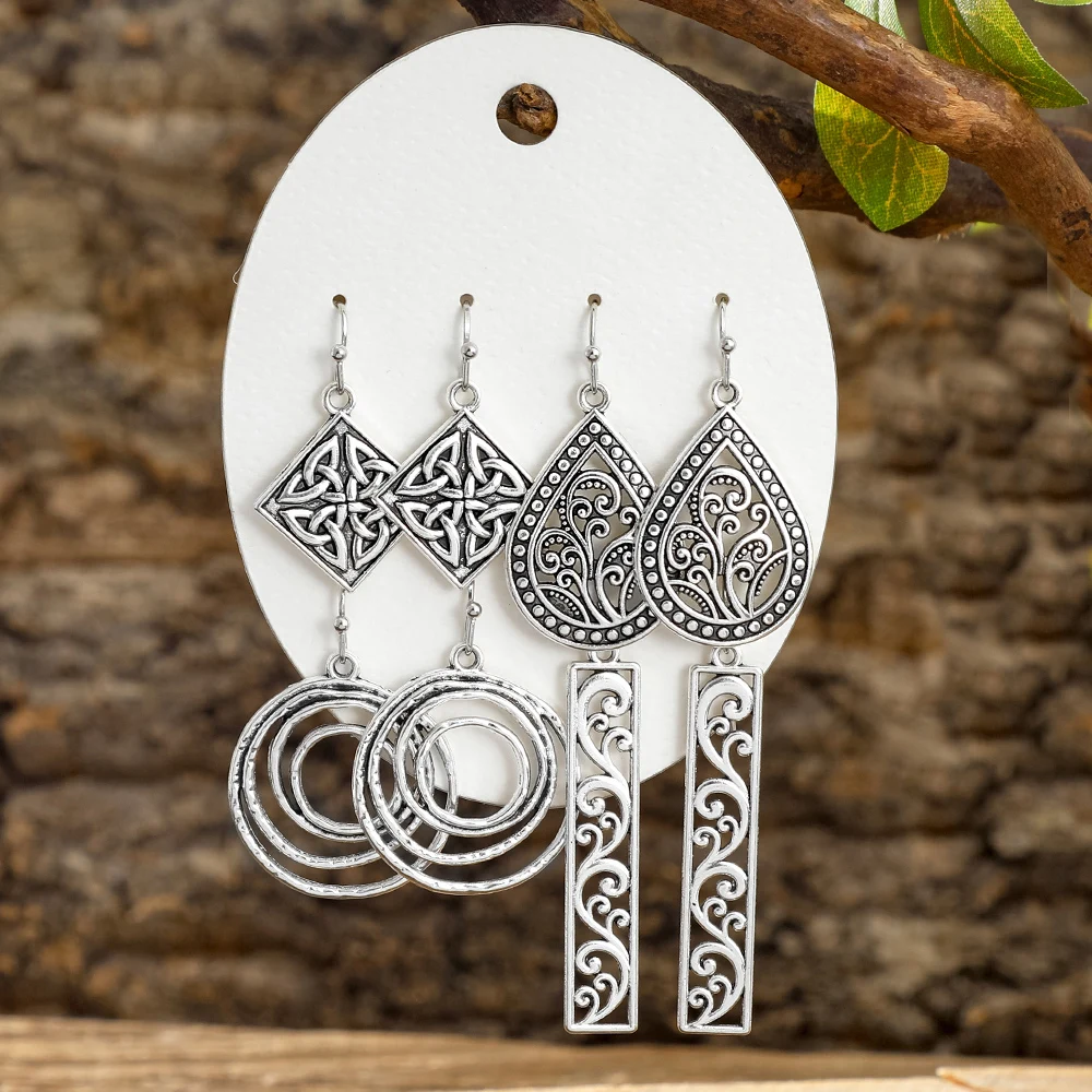 جديد خمر العرقية نمط البوهيمي العتيقة الفضة هندسية أقراط رائعة وفريدة من نوعها الأقراط ارتداء اليومي هدايا عطلة العمل