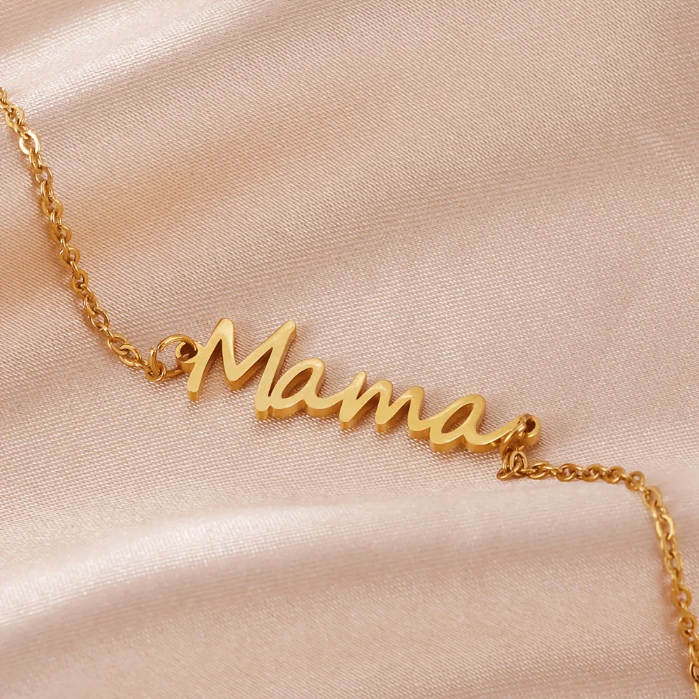 Cursive Mama Letter Pendant Necklace 316L Stainless Steel Gold Thin Cable Chain Mother's Day Mom Commemorative Anti Tarnish Coll