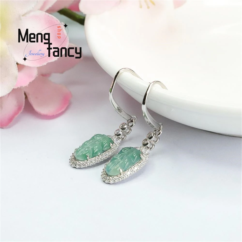 S925 Silver Lnlaid Natural Jadeite Ice Blue Water Leaf Earrings Exquisite Elegant Simple High-grade Luxury Quality Fine Jewelry