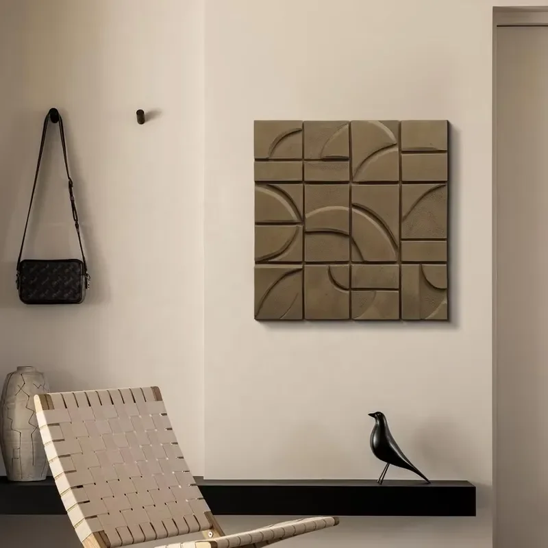JZ Home Decor Framed Mixed Media Artwork Abstract 3D Waibi Sibi Painting Handmade Wood Carving Geometric Wall Art