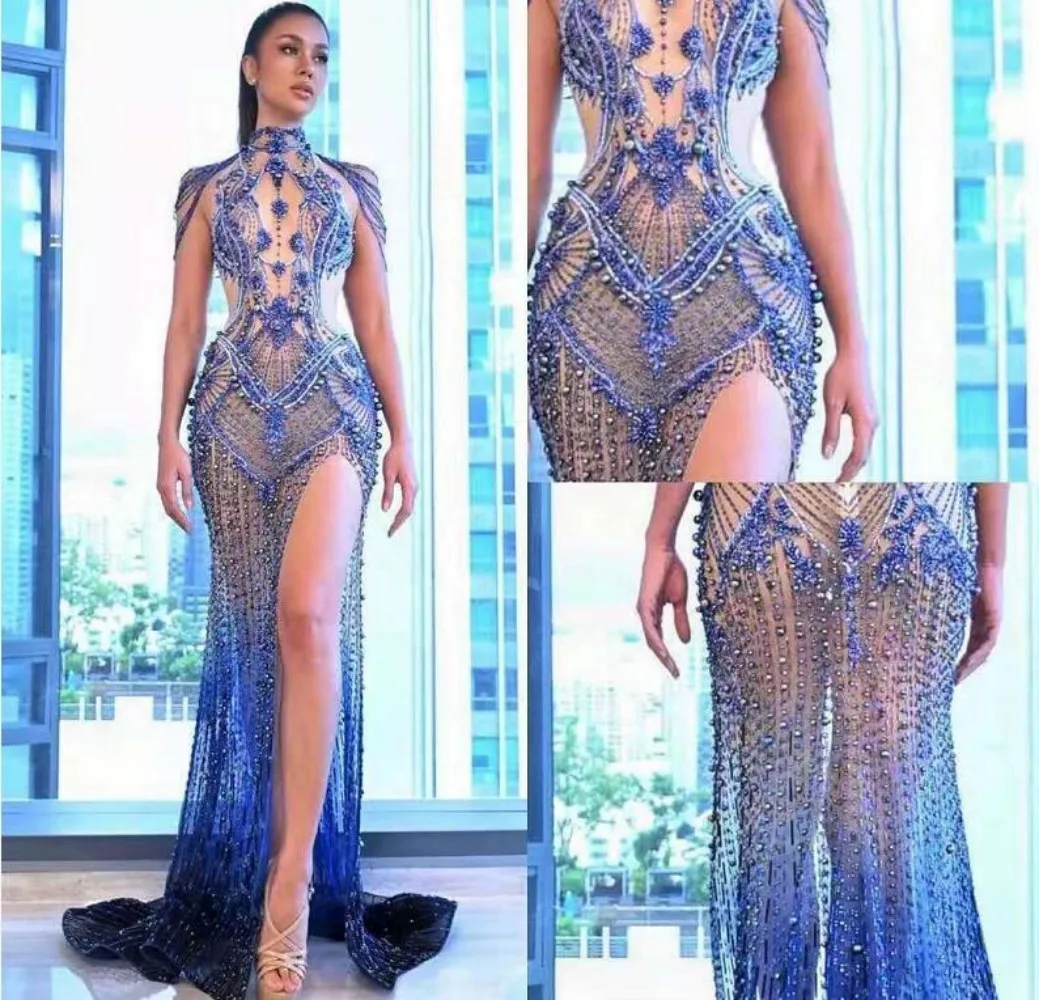 

2023 Beaded Sequins Sexy Evening Dresses Luxury Celebrity High Split Pageant Prom Dresses Elegant Long Women Party Gown Robe