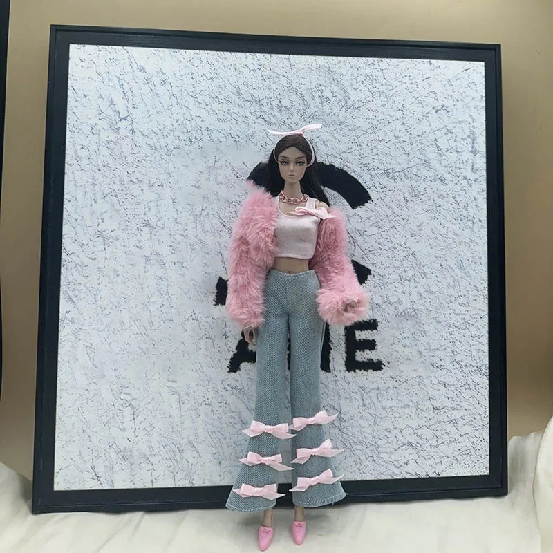 

1/6 BJD Supermodel Doll Clothes Fashion Sweet Winter Plush Jacket + Vest + Bow Pants Set For 30cm Doll Daily Dress Up