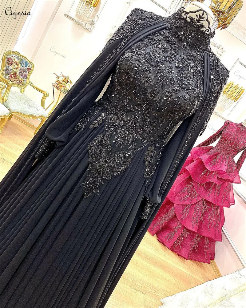 Ciynsia Arabic Muslim Black Long Sleeve Wedding Dress Women Elegant Luxury Bridal Dresses with Cape Lace Bead Chiffon Bride Gown