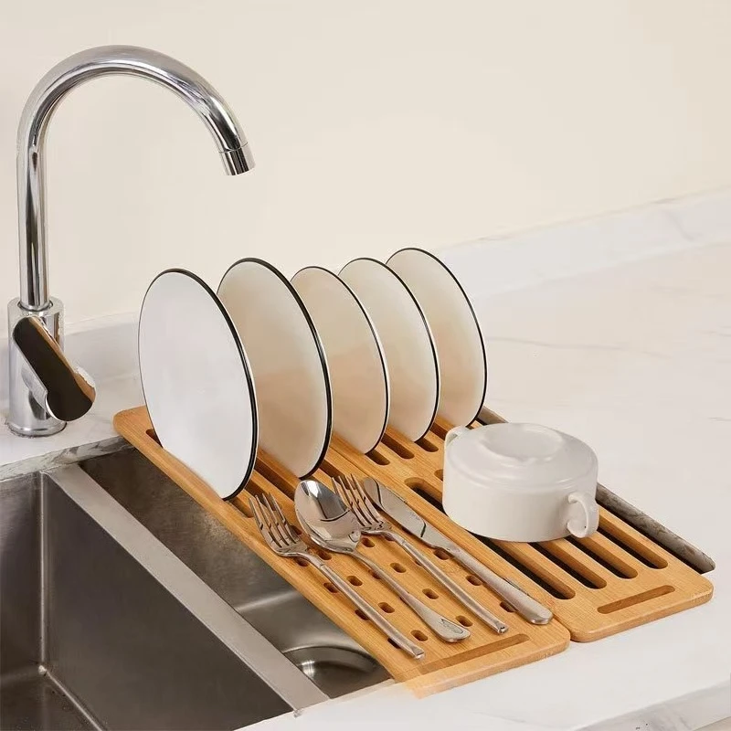 Bamboo Kitchen Sink Drain Rack Household Removable Dish Storage Rack Wooden Multipurpose Dish Rack