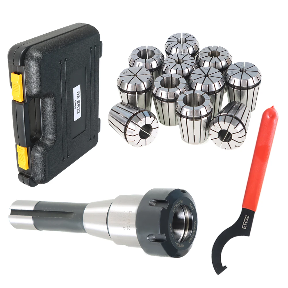 For Milling Machine's ER32 R8 Collet Chuck Holder with 11Pcs ER32 Collet Set and Wrench