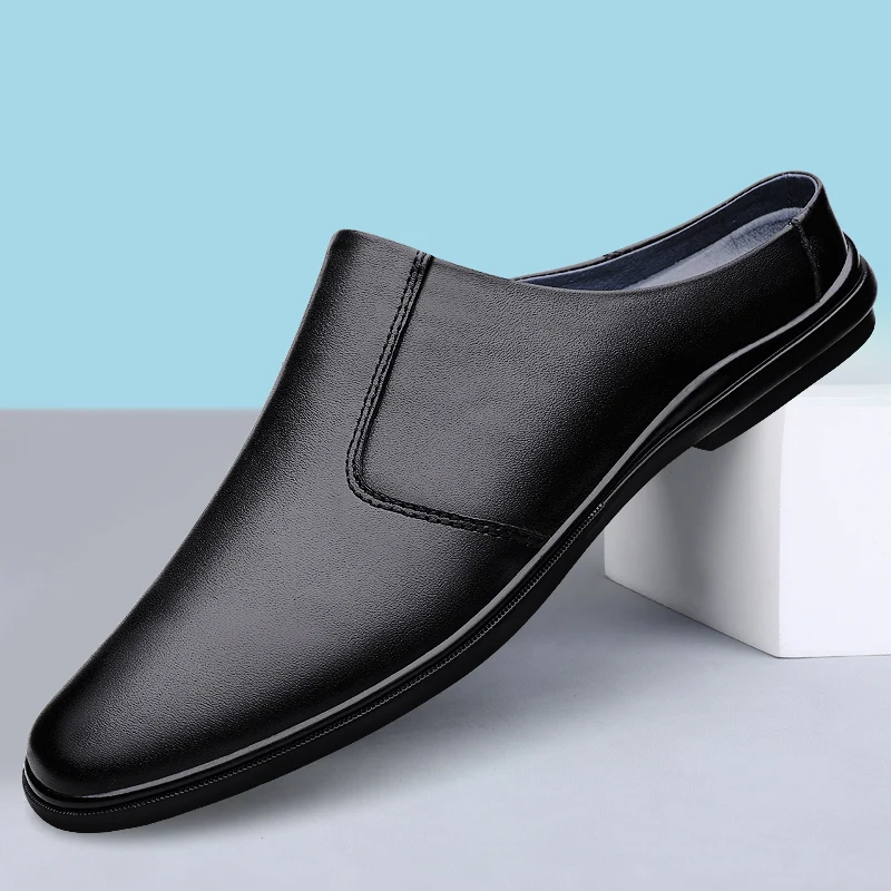Summer Closed Toe Sandals Mules Men Half Shoes For Man Leather Mens Semi-Drag Casual Shoes Backless Loafers Slippers Male Slides