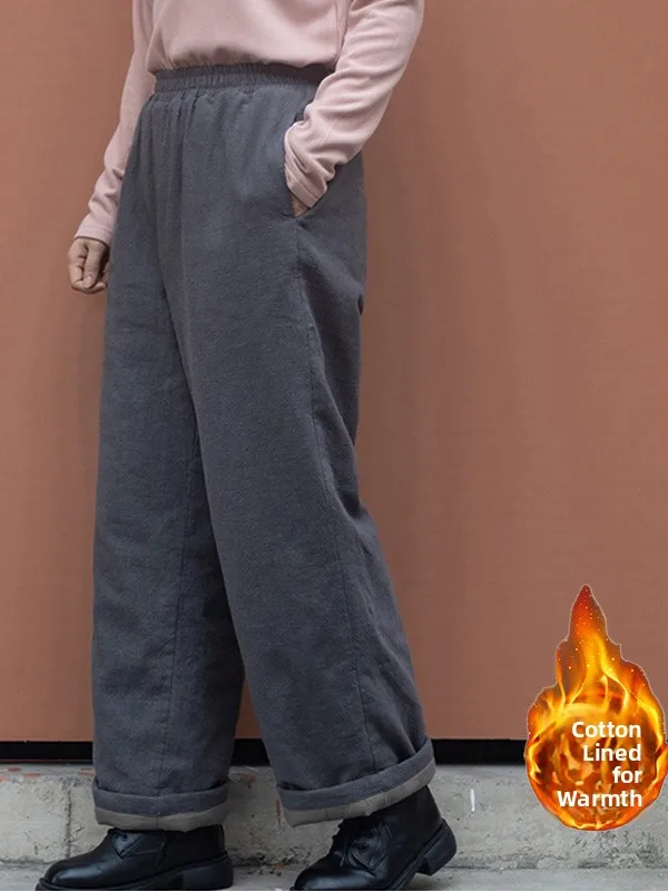 

Thiened Cotton Pants High Waist Straight Leg Casual Trousers for Women plus Size Retro Elastic Waisand Korean Sle