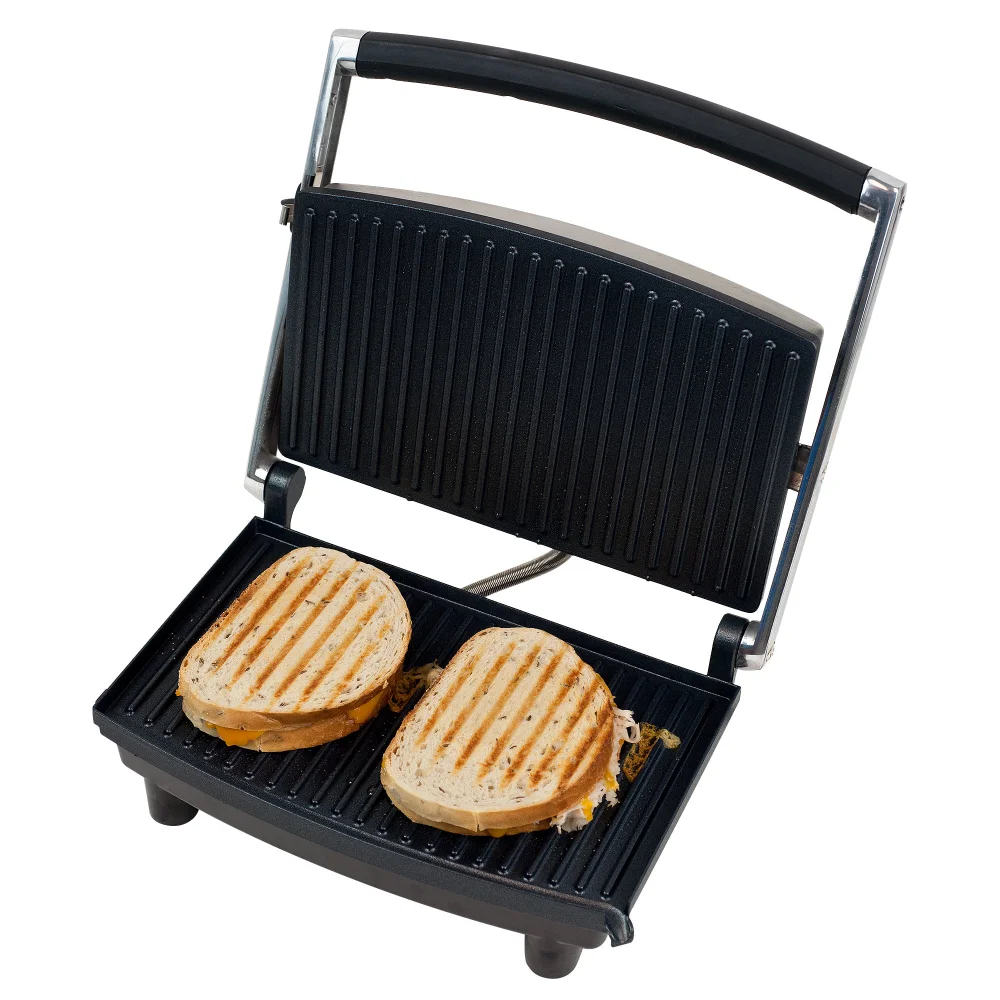 Panini Press Grill and Gourmet Sandwich Maker for Healthy Cooking – Indoor Grill with Drip Tray By Classic Cuisine (Silver)