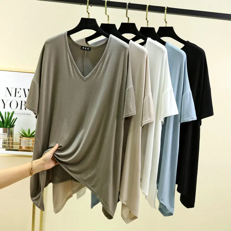 Modal Onregelmatige Losse T-Shirts V-Hals Zomer Dunne T-Shirt Halve Mouwen Plus Size Effen Kleur Tee Tops All Match