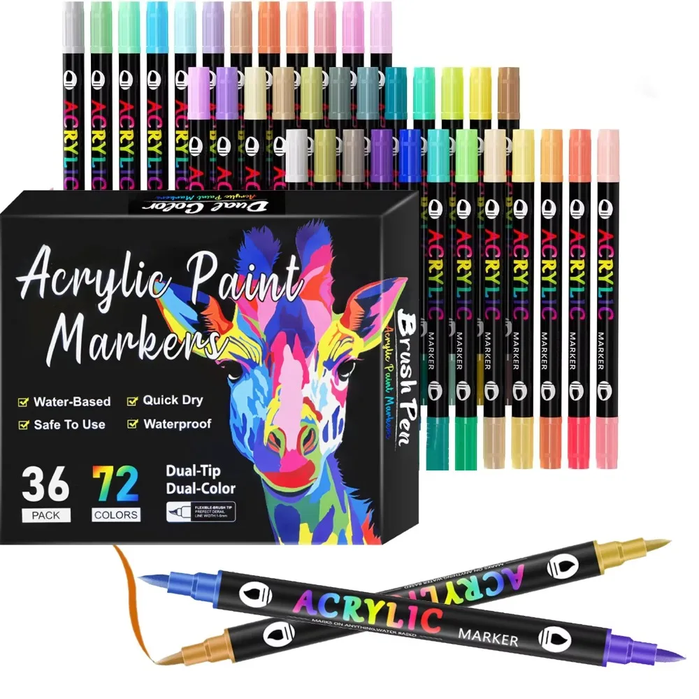 

24/48/72 Colors Acrylic Paint Markers Soft Tip Dual-color Dual Tip Graffiti Pen Multipurpose Double Nib Markers Art Supplies
