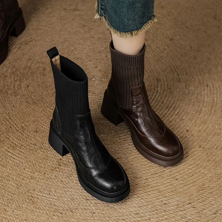 2024 Winter New Round Head Coarse Heel Women's Boots High Heels Knitted Short Boots Splicing Skinny Sheepskin Short Boots