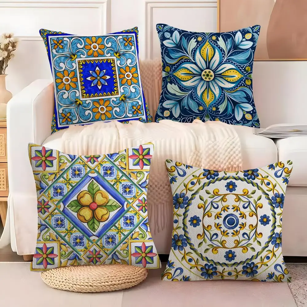 European Vintage Painted Tiles Cushion Cover  Plush Fabric Soft Double Sided Print Sofa Cushion Cover Throw Pillow Covers