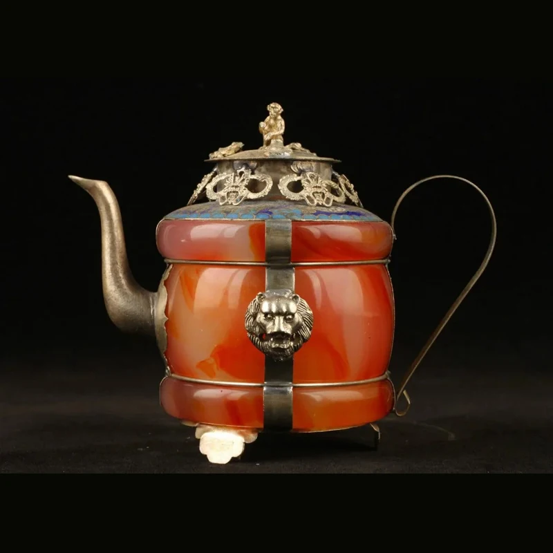 

Exquisite Chinese Collectible Decorated Old Handwork Red Agate Jade Inlaid with Tibetan Silver Dragon Teapot