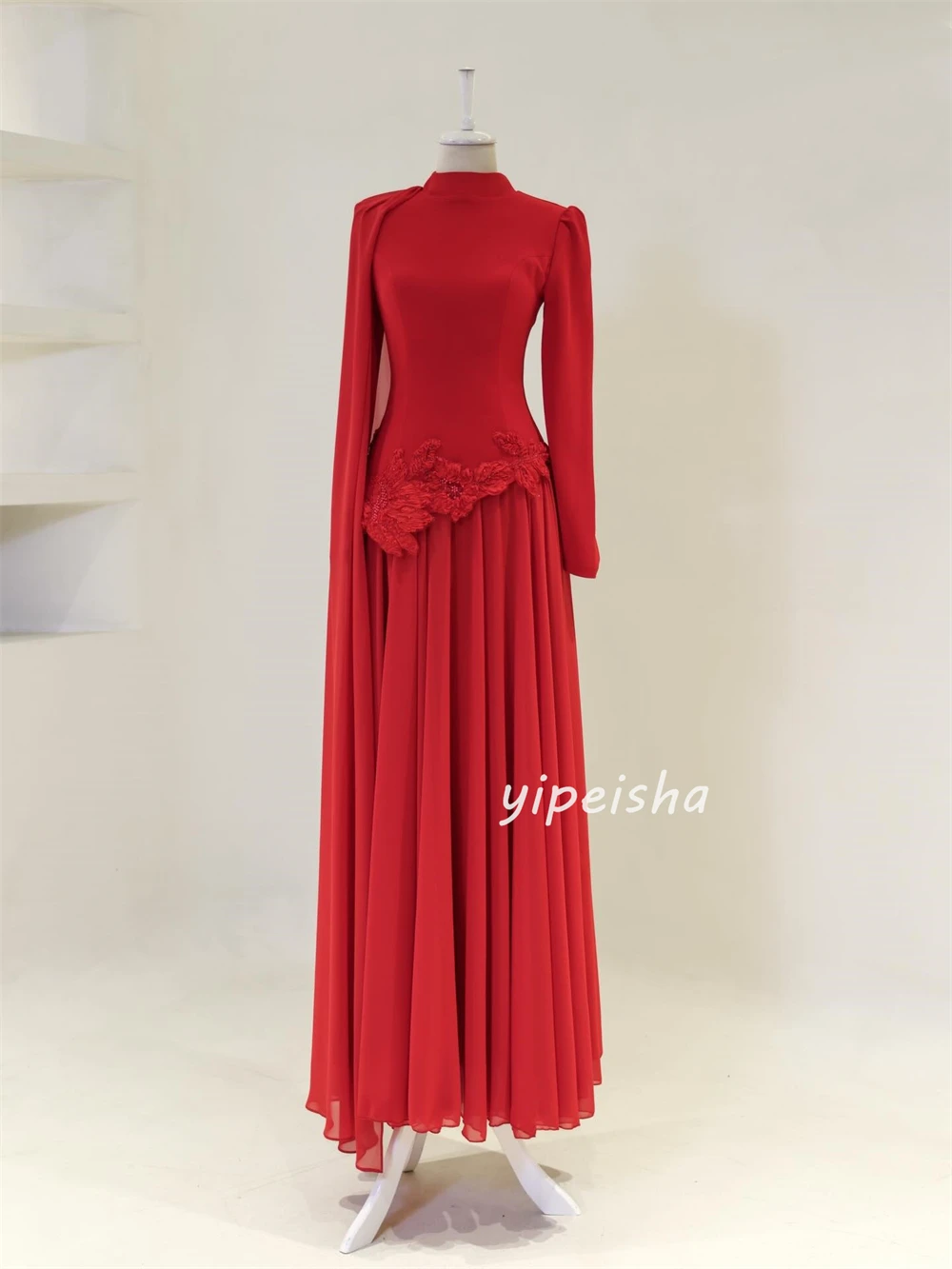 Customized Modern Style Fashion Jersey Handmade Flower Sequined Straight Prom Dresses High Collar Long Sleeves Evening Dresses