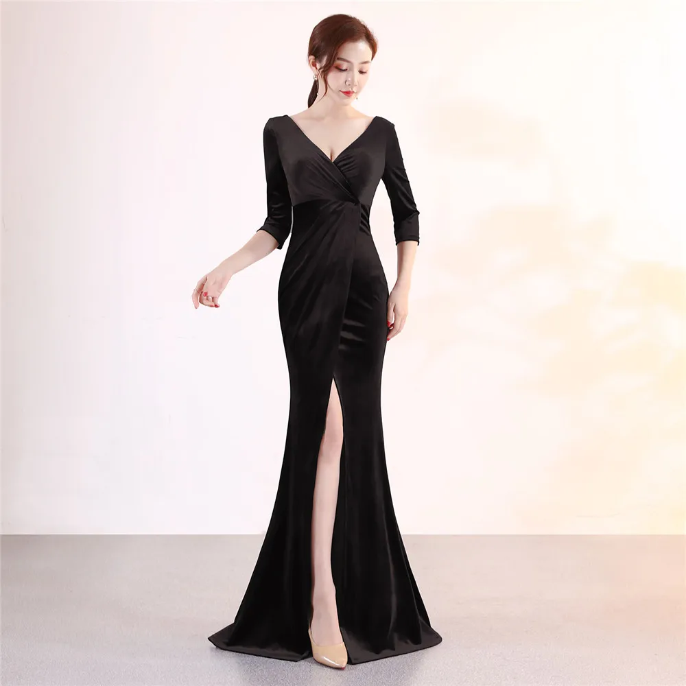 Velvet Evening Dress  Women V Neck Long Badycon Side Slit Formal Gowns