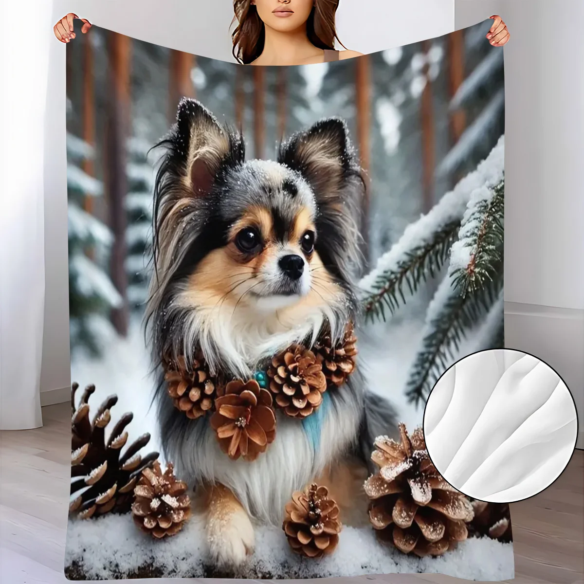 A Soft And Warm Flannel Blanket Featuring a Pattern of a Papillon Dog Wearing a Pinecone Necklace, Perfect for Use on The Sofa,