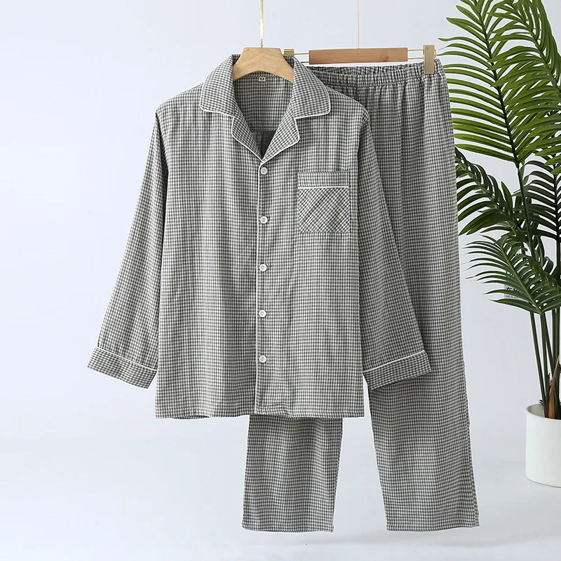 Spring / Autumn Pure Cotton Double Layer Cotton Yarn Men\'s Pajamas Small Plaid Printed Thin Long Sleeved Trousers Pajama Set