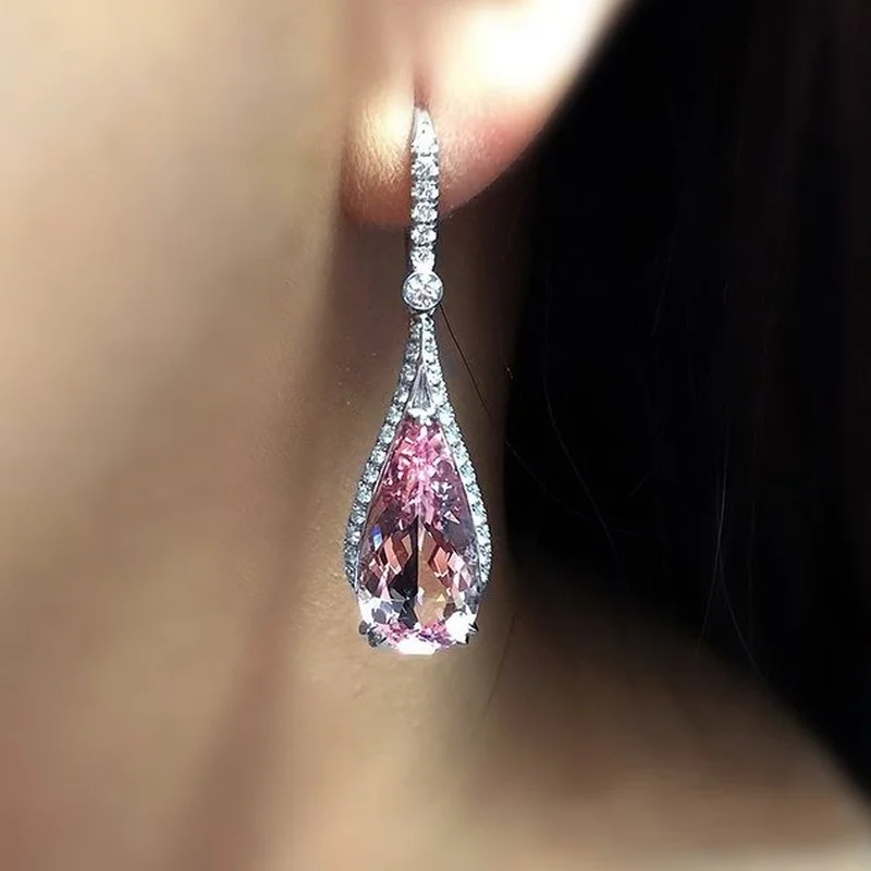 Luxury Pink CZ Pear Shaped Zircon Drop Earrings for Women Wedding Engagement Accessories Luxury Jewelry