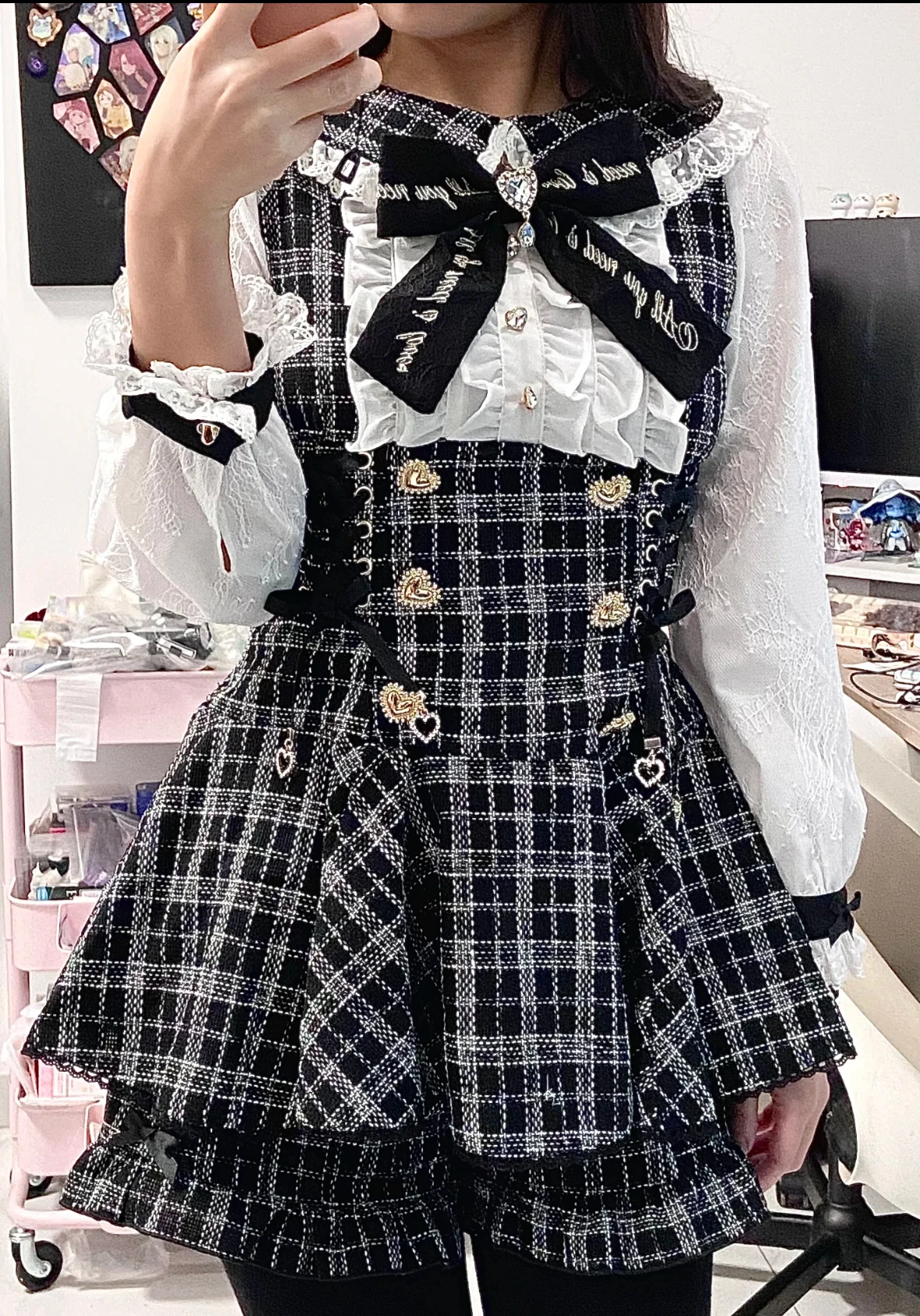 Japanese Vintage Elegant Plaid Lolita 2Piece Sets Gothic Dress Lace Bow Ruffled Mini Shorts Kawaii Jirai-kei Women Outfits