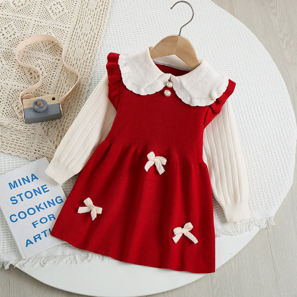 Baby Girls Christmas Red Princess Frock Autumn Winter Girls' Long Sleeve Dress Sweet Bow Thicked Warm Sweater Dresses