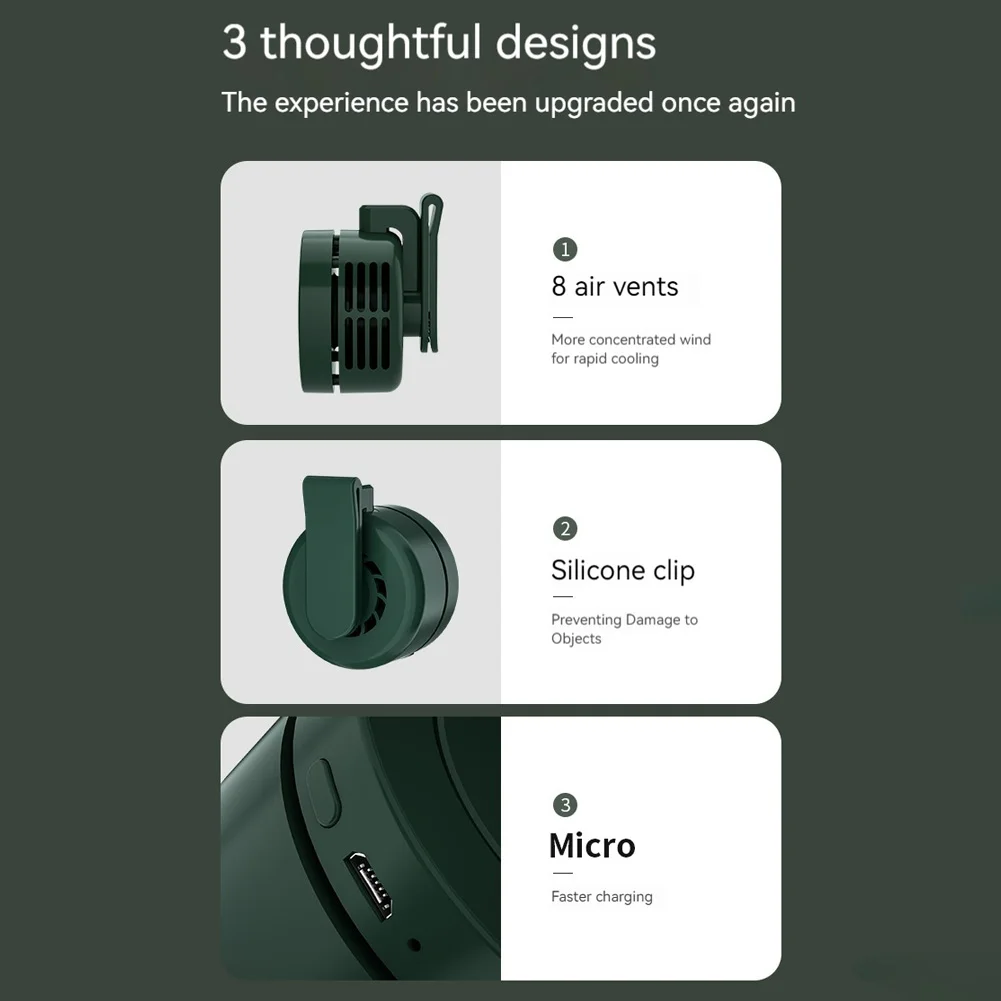 

Мини-вентилятор на клипсе с 3 скоростями, перезаряжаемый, для ношения на одежде, для работы на улице, походов и путешествий