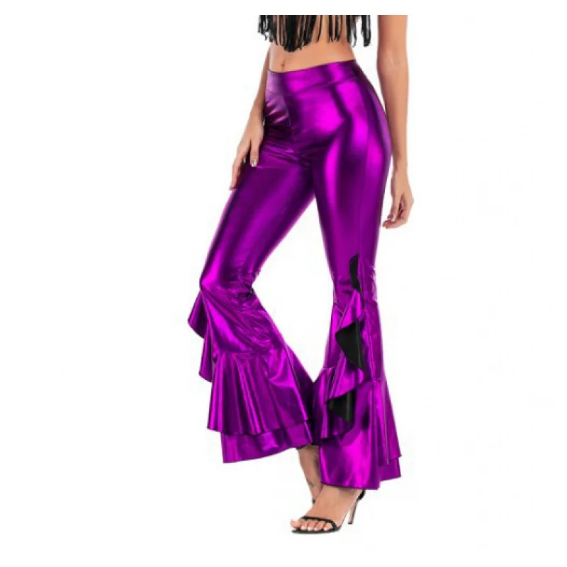 Sexy Stage Bright Slim-Fit Faux Leather Women Pants Costums Wide Waist Irregular Bell-Bottom Pants Nightclub Wide Leg Trousers