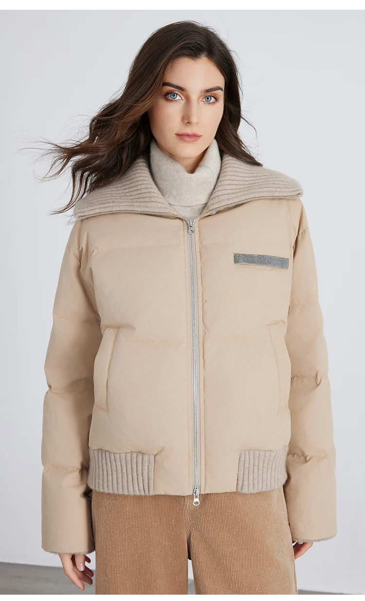 BC835 Weiße Gänsedaunenjacke mit großem Revers, warm, mit Reißverschluss, langärmelig, 100% Kaschmir, warmer Mantel – Detail 6