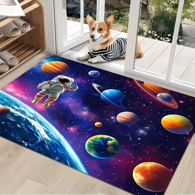 Cosmic Space Astronaut Colorful Planet Galaxy Print Soft Flannel Non Slip Door Mat Space Theme Doormat for Entry Bedroom Balcony