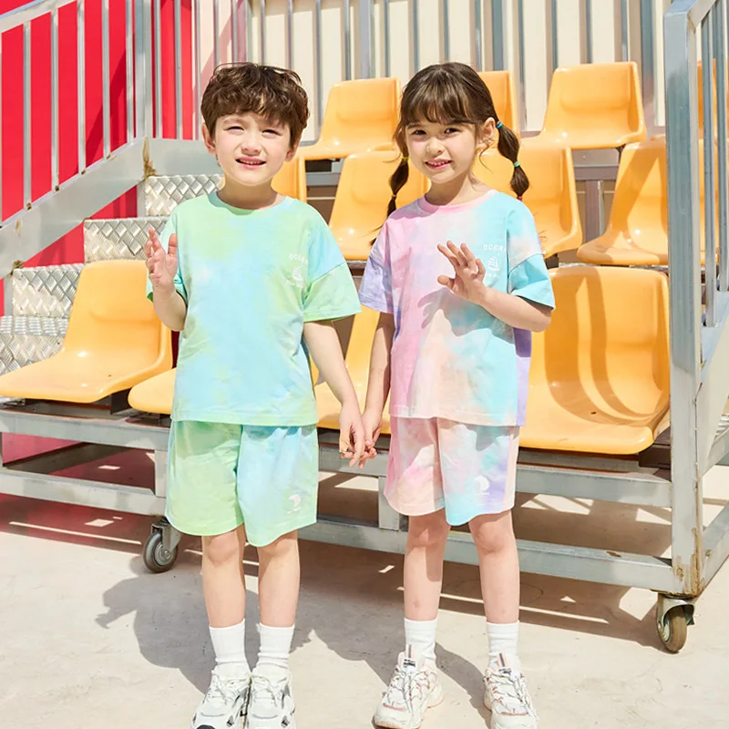 Summer Children's Set 2024 New Fashionable Ocean Tide Tie Dyed Short Sleeve T-shirt Shorts Two Piece Siblings Set