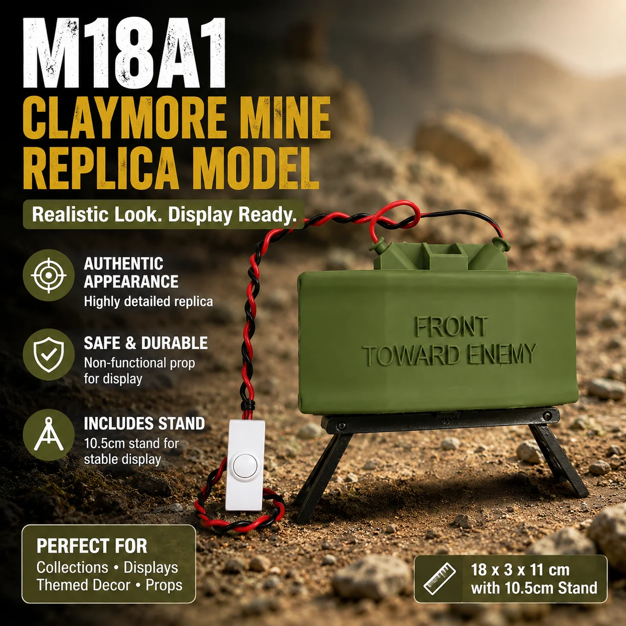 M18A1 Claymore Mine Replica Model Ring Cam Detonator Prop Decor, 18x3x11cm with 10.5cm Stand