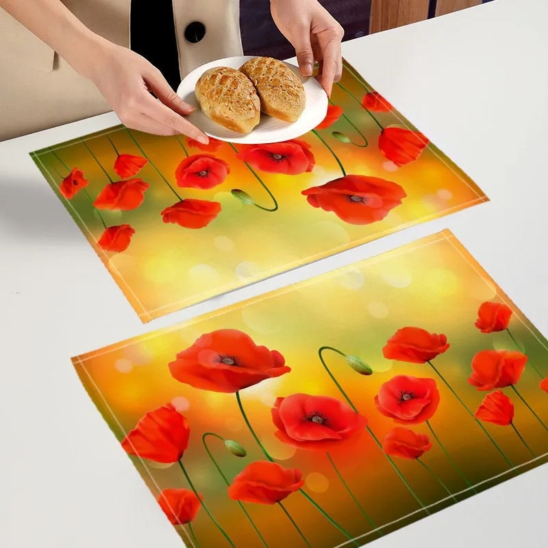 Custom Poppy Flowers Placemats For Dinner Table Decoration Accessories Linen Fabric Table Mat 30X40CM For Children Gift