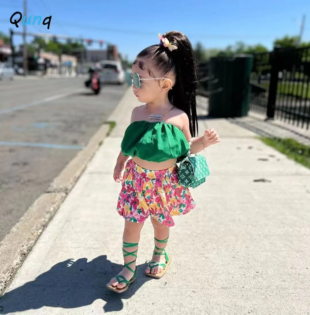 Qunq 2023 Summer New Girls Fashion Strapless Lovely Pullover Crop Top + Floral Shorts 2 Pieces Set Casual Kids Clothes Age 3T-8T