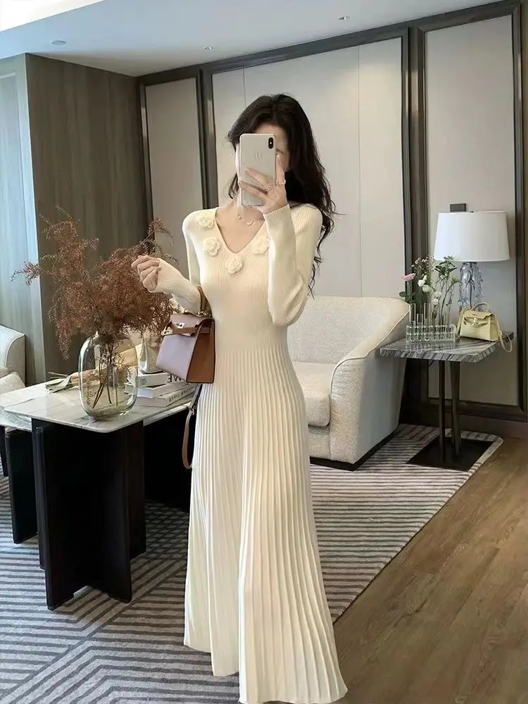 Autumn Winter Women's Knitted Dress Base Layer Sweater Dress Floor-Length Polyester Three Dimensional Flowers Shirts CQ219
