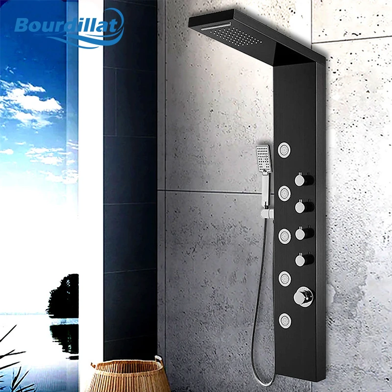 Bourdillat shower Panel Tower Rainfall Waterfall Shower 5 Body Jets and 3-Function Handheld, Stainless Steel Rain Massage System