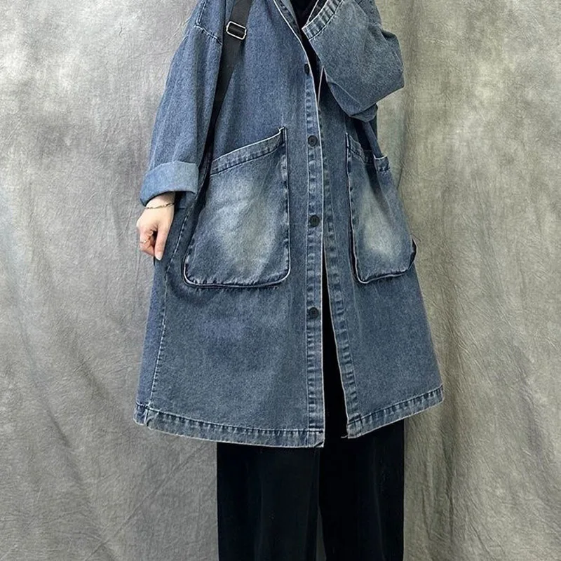 Retro Hooded Cowboy Jacket for Women 2025 New Autumn Windbreaker Medium to Long Loose Large Fashionable Simple Coat