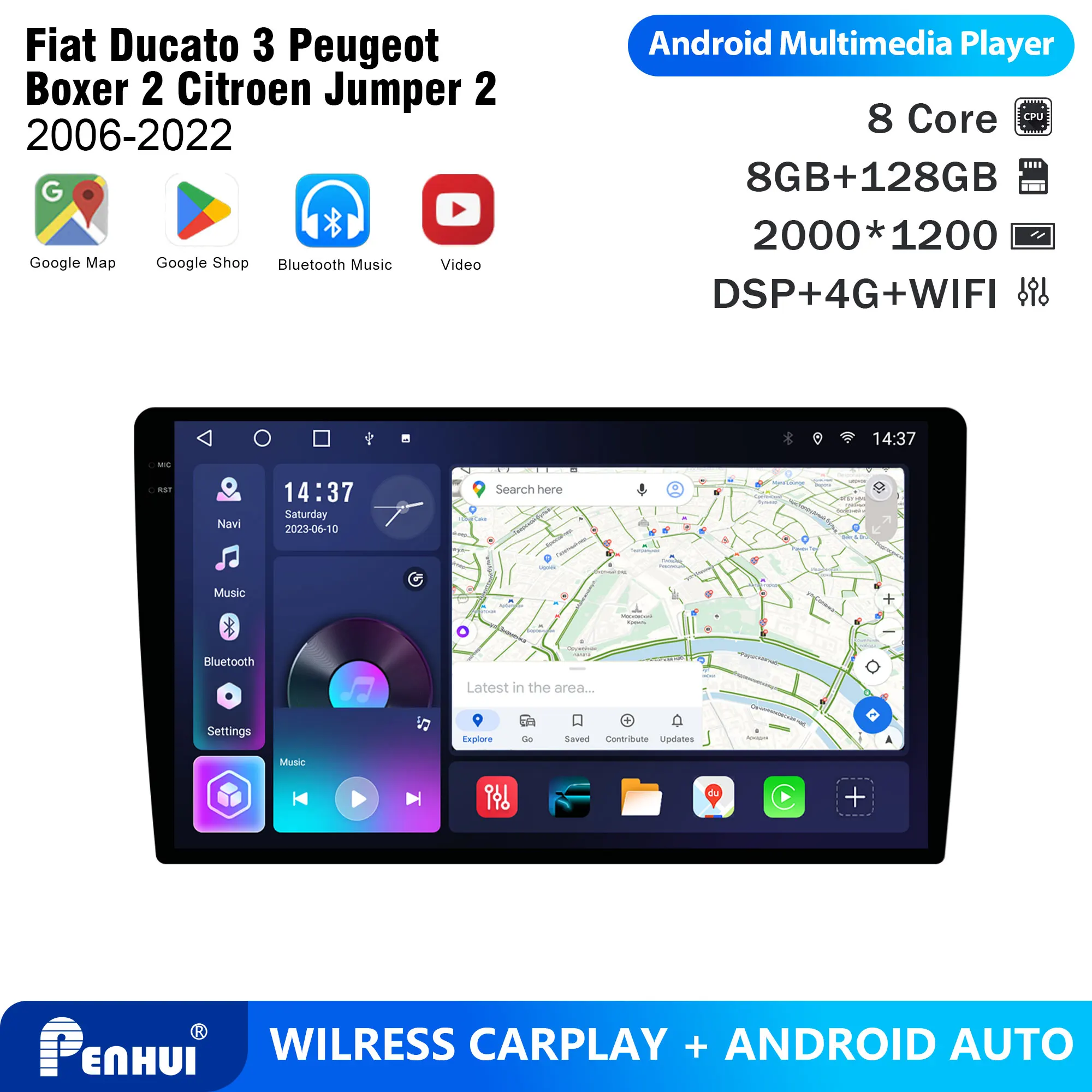 Penhui For Fiat Ducato 3 Peugeot Boxer 2 Citroen Jumper 2 2006-2022 Android Car DVD Player 2Din 9'' TouchscreenMultimedia System