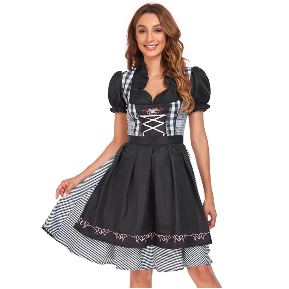 Vestido preto xadrez dirndl para mulheres, fantasia Oktoberfest, conjunto tradicional de cerveja bávara alemã, cosplay de festa de Halloween