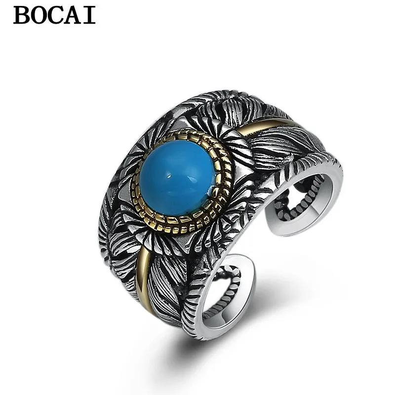 

BOCAI S925 Pure Silver Retro Personality Feather Open Ring