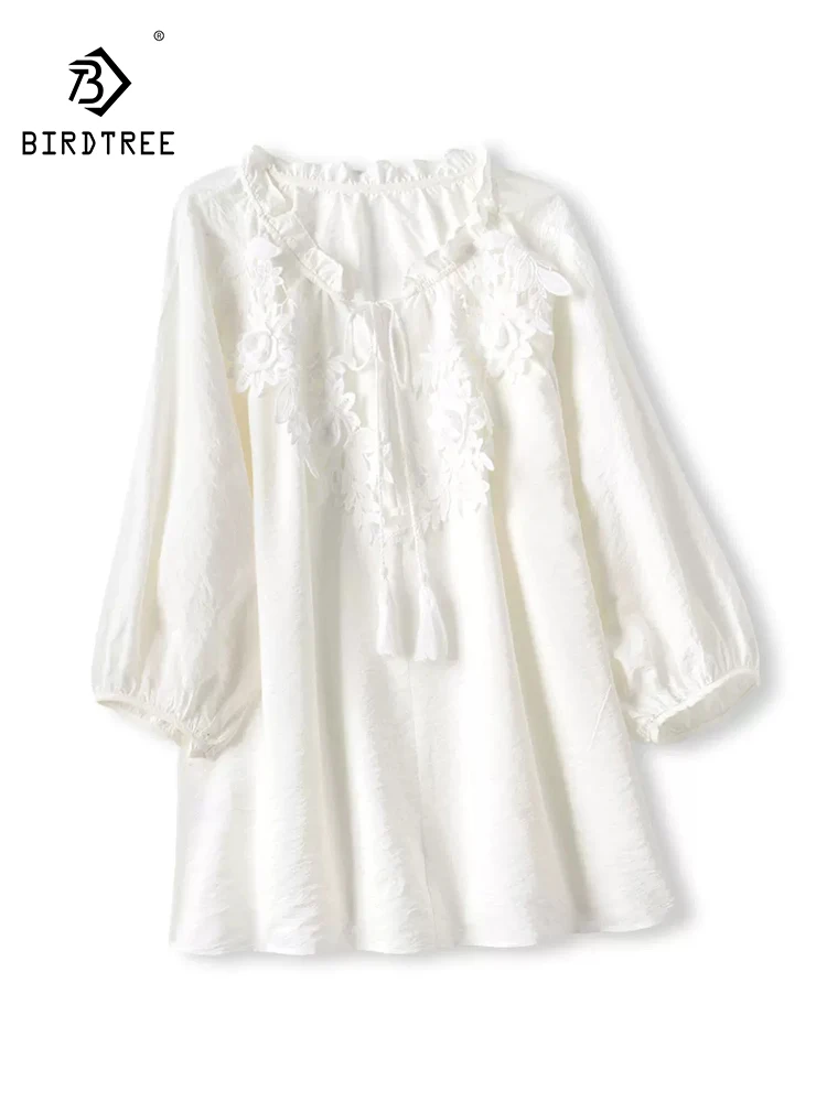 

BirdTree-76%Dry Silk 24%Nylon Elegant T-Shirt, Lantern Sleeve Embroidery, Women French Chic Loose Tops, 2026 Summer New T65566CC