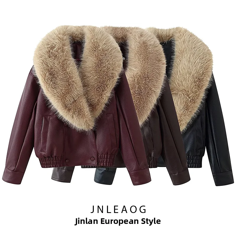 JNLEAOG Summer New Women's Fashion Loose Coat with Three-Color Fur Collar Versatile Stylish Design Polyester Standard Fit