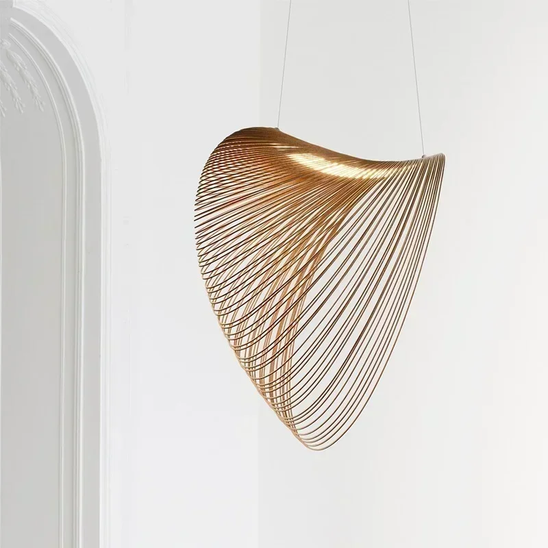 Chapeau de Paille Minimaliste Créatif poumons, Courbe Linéaire pour Salon, Décoration de la Maison, Lustre d\'Art en Bois, Lampes Suspendues LED