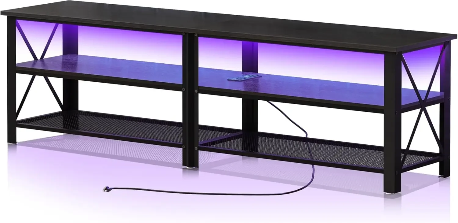 Modern Black 71 inch Metal TV Stand with LED Lights and Power Outlets for 50 60 65 70 75 80 Inch TVs, 3 Tier Television Stands w